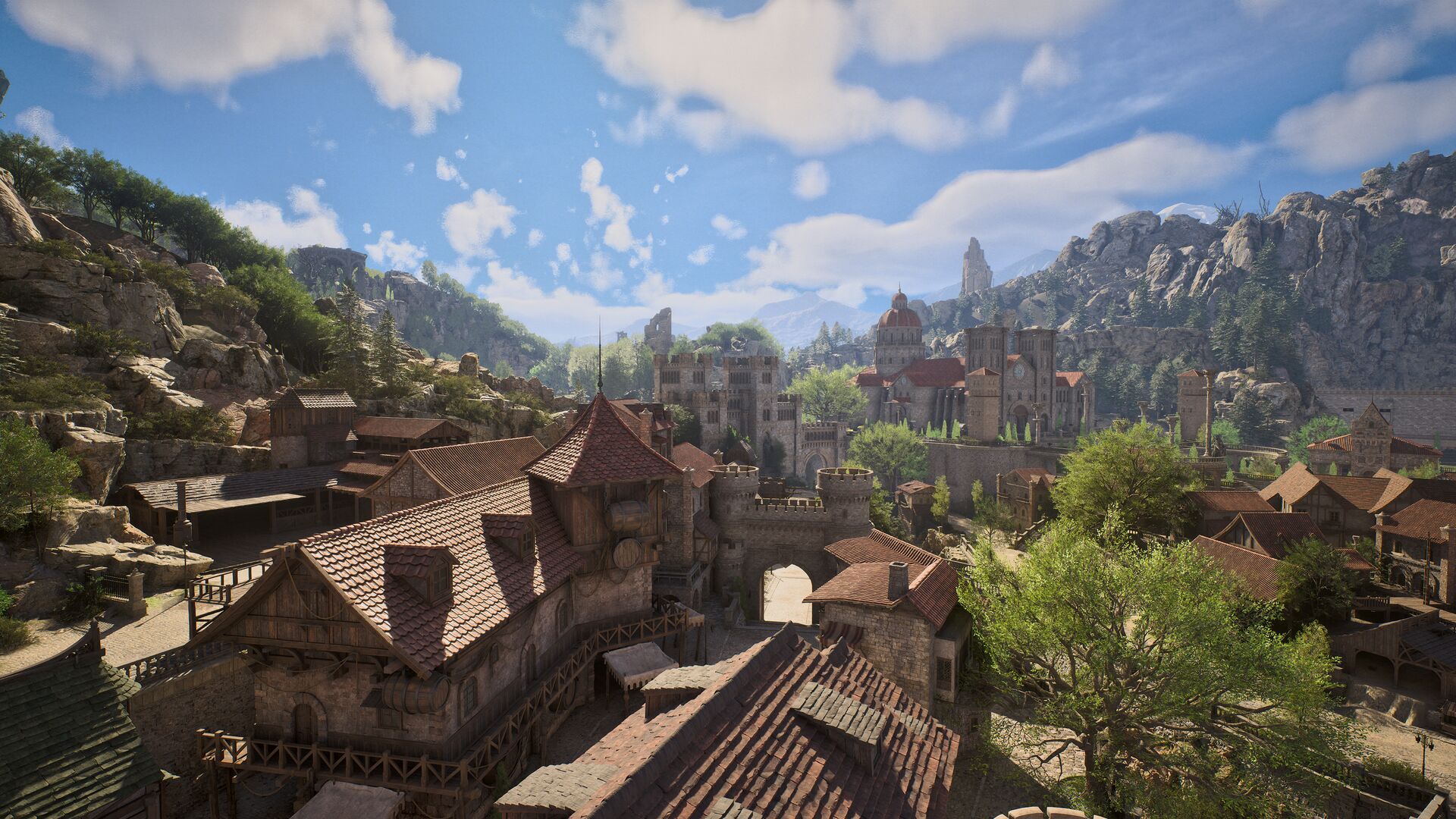 Exploring a hillside town by day