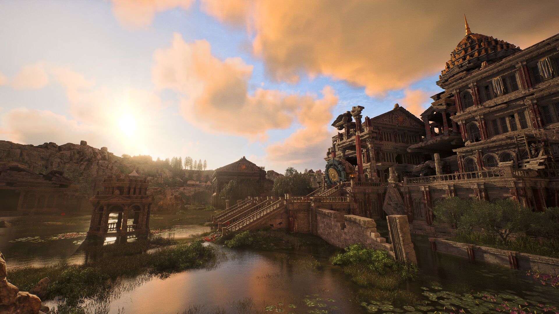 Walking a riverside town at sunset